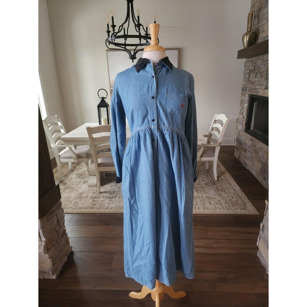Vintage School Teacher Sigrid Olson Denim Maxi‎ Dress Heart Valentine's Medium